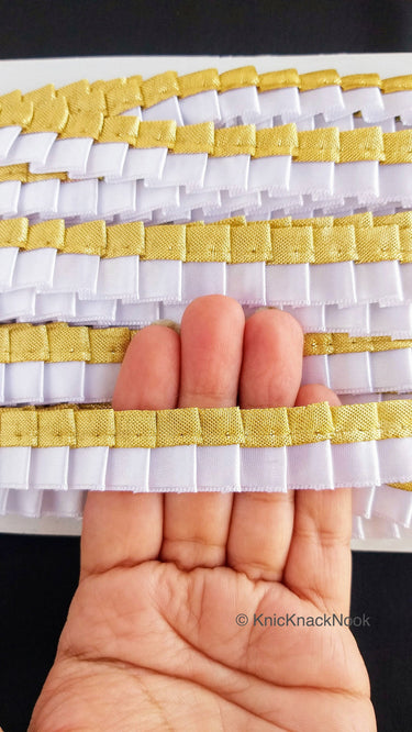 Satin, White & Gold Pleated Lace Trim, Trim